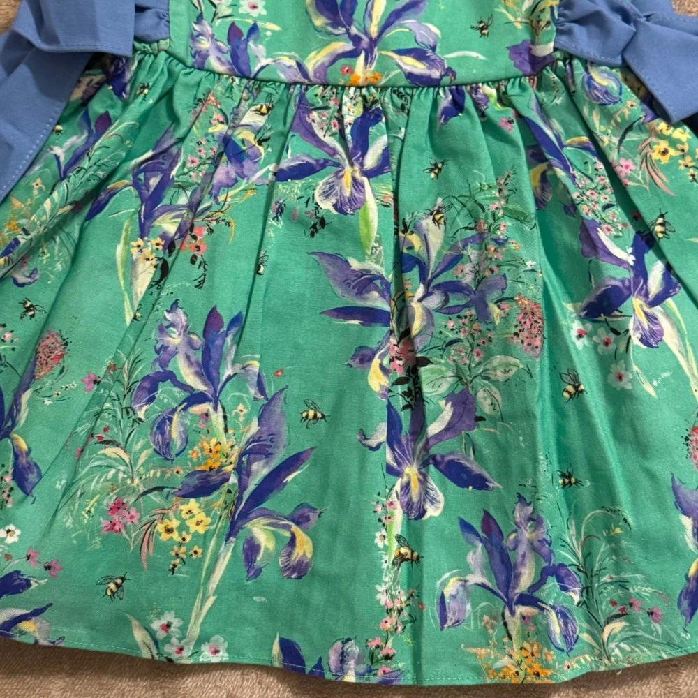 Ricrac & Ruffles Girls Floral Pinafore Bloomer Set Green Iris Bee Size 5 NWT